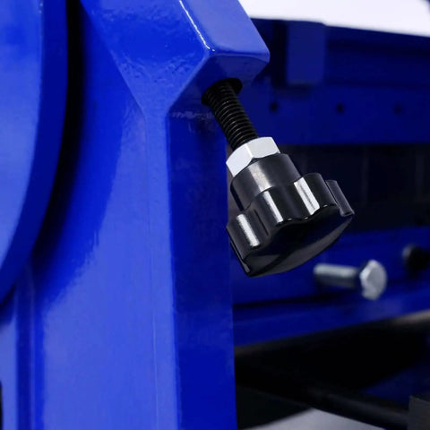 Close-up of adjustment knob on 3-In-1 Sheet Metal Brake 12-Inch Workhorse Combo Shear Brake Roll Machine For Pro Shops, blue color