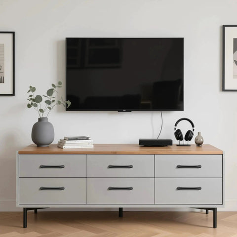 Ten Pack 5 Inch 128mm Hole Center Matte Black Cabinet Pulls Solid Zinc Alloy Drawer Handles on modern gray chest under TV.