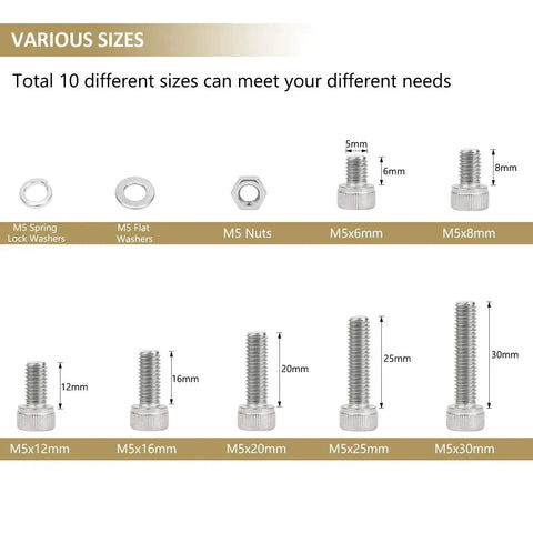 304 Stainless Steel Hex Socket Head Cap Screw Set 212 Pieces M5 Lengths 6 8 12 16 20 25 30mm Includes Nuts Lock Washers Flat Washers Fully Threaded All Purpose Kit