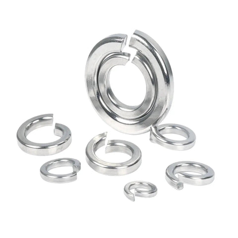Heavy Duty M12 Split Lock Washers 100 Pack 304 Stainless Steel Rust Resistant Spring Lock Washers arranged on white background