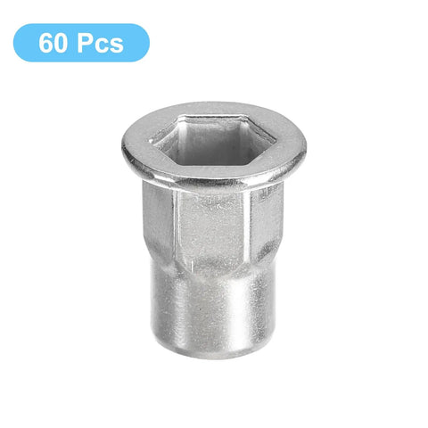 M6 Half Hex Rivet Nuts For 304 Stainless Steel Flat Head Threaded Inserts, 60 Piece Pack, showing front view