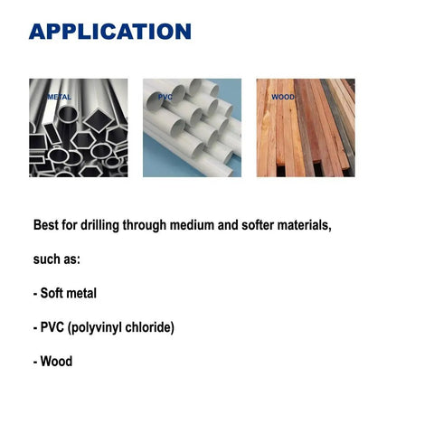 Image showing application materials for Pack of 6 1/8-Inch Titanium Nitride Coated Drill Bits With 1/4 Inch Hex Shank, including metal, PVC, and wood.