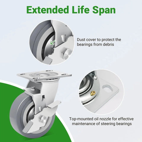 Heavy Duty 5 Inch Casters With Brake Set Of 4 Industrial Grade Thermoplastic Rubber Swivel Castors 3500 Lbs Load Capacity