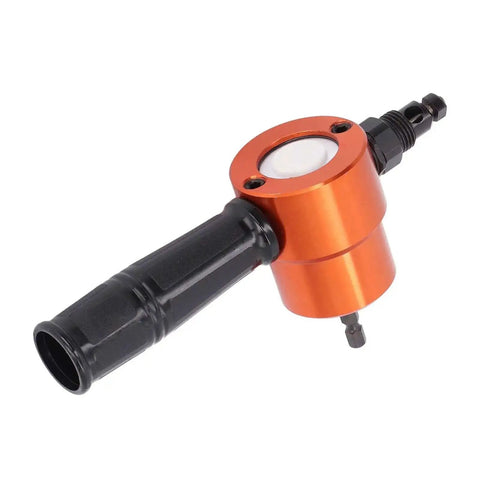 360 Degree Double Head Sheet Metal Cutter Nibbler Attachment For Drills, showing black handle and orange rotating head