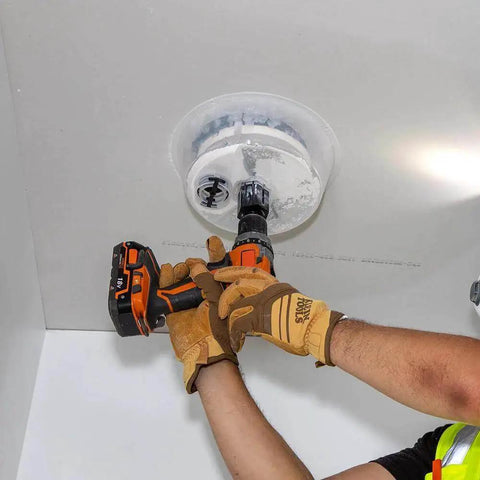 Pro Grade Adjustable Hole Saw Cutter For Drywall And Ceiling Tiles With Dust Bowl And Vacuum Port, 2 To 7 Inches in use