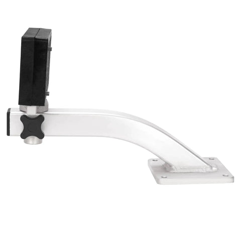 Side view of Universal 90 Degree Adjustable Trolling Motor Bracket for clamp-on motors deck mount, marine-grade aluminum, nylon construction.