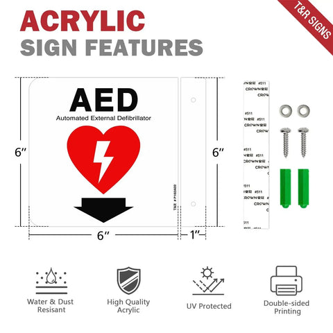 AED Sign With Down Arrow 6 By 6 Inch Acrylic Wall Sign 2 Pack Pre Drilled Holes Includes Matching Screws Easy Mount