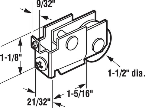 Diagram of Mirror Door Roller with Nylon Wheel 1-1/2 Inch Diameter, Adjustable Steel Housing, showing dimensions and components.