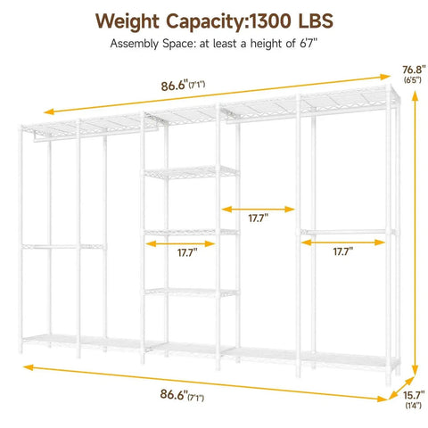 Extra Large Industrial Pipe Clothing Rack With Five Tier Shelves And Hanging Rods Freestanding Portable Closet Organizer System 88.6 Inches Wide Beefed Up Heavy Duty Wardrobe Holds Up To 1300 Lbs White, dimensions shown