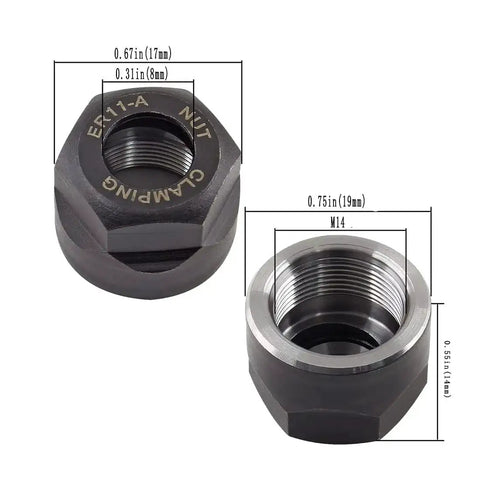 Collet Clamping Nut Set For ER11A Type M14 CNC Chuck Lathe Milling Tool Holder, high precision alloy steel nuts, size variations shown