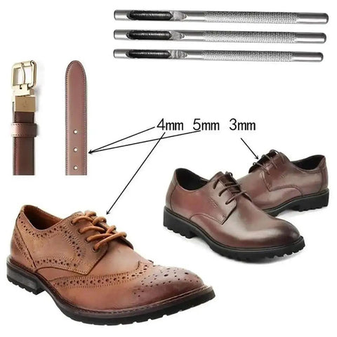 Heavy Duty Leather And Canvas Hole Punch Set used to create holes in leather shoes and watch bands, shown with 3mm, 4mm, 5mm sizes labeled