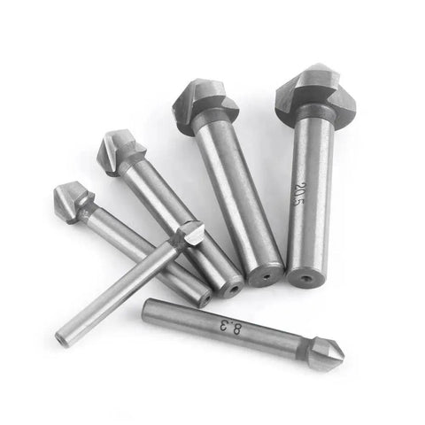 Six Piece HSS Countersink Bit Set With Round Shank 3 Flute Cutters For Chamfering Deburring And Precise Countersinking Across Wood Metal And Plastic
