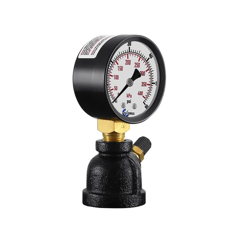Gas test pressure gauge with brass valve on chrome-plated steel body, 1-inch FNPT, 0-30 psi, Carbo.