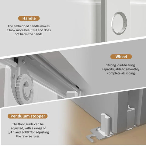 Close-up view of Bypass Sliding Door Hardware 48 Inch Track Set with handle, wheel, and pendulum stopper details visible.