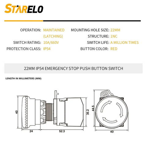 22Mm Red Mushroom Emergency Stop Button Switch Latching 1NC Normally Closed Safety Stop Switch 10A 660V IP54 diagram