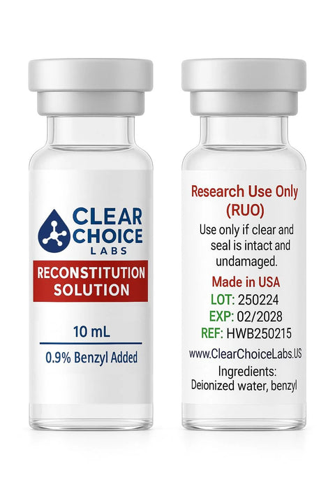 Two 10 mL glass vials of Clear Choice Labs Reconstitution Solution; left shows 0.9% Benzyl Added, right marked RUO.