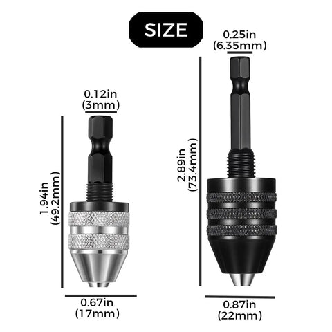 Size comparison of silver and black Mini Drill Bit Clamp 0.3-8mm Quick Change Keyless Chuck Adapter Bracket For Impact Drills With Hex Handle.