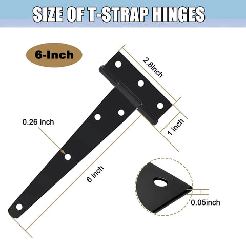 Diagram of Heavy Duty Shed Door Hinges 6 Inch T Strap With 70 Screws Includes Mounting Hardware Rust Proof Black Powder Coated Gate Hinges
