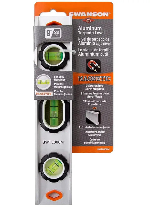 Built Tough 9 Inch Extruded Aluminum Torpedo Level With Three Rare Earth Magnets BrightView Vials For 0 90 45 Degree Layouts