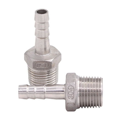 Stainless steel hose barb to 1/2 in NPT male pipe fitting, 3/8 in barb, pack of 2