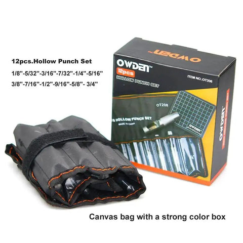 12 Piece Leather Hole Punch Set With Free Cutting Mat, Hollow Punch Kit, canvas pouch, and box packaging displayed