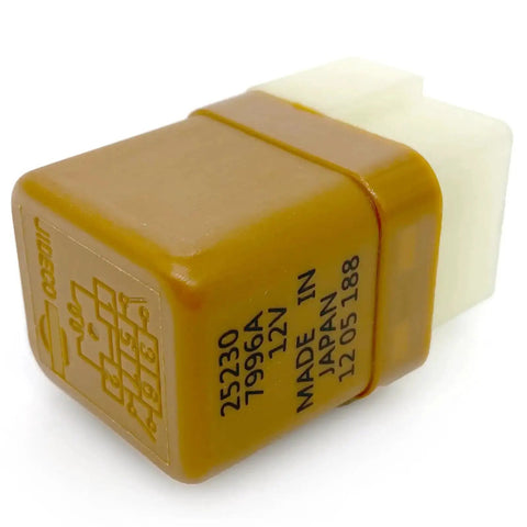 Close-up of 12V 6-Pin Automotive Relay showing 25230-7996A code, featuring plastic casing for Nissan/Infiniti ignition and starter.