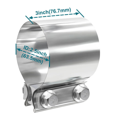 Exhaust band clamp, 2.5 inch ID, 3 inch OD, 304 stainless steel, 2-pack