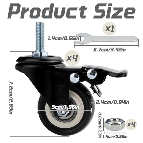Image of Dual Locking Casters Set Of Four Heavy Duty 330 Lbs Capacity With Five Sixteenth Inch Stem Diameter And One Inch Stem Length 360 Degree Swivel Wheels For Furniture Wire Shelving And Carts Secure Locking Mechanism Fits Standard American Sizing, showing dimensions and tools included.