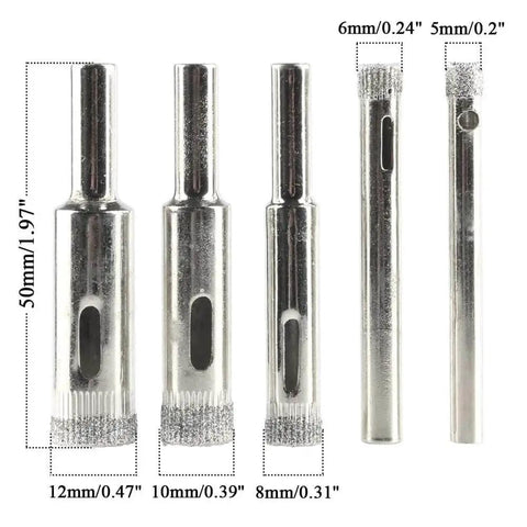 Diamond Hole Saw Drill Bit Set For Tile Ceramic Glass Marble And Stone, 10 Pieces Hollow Core Bits in 5, 6, 8, 10, 12 mm sizes, side view.