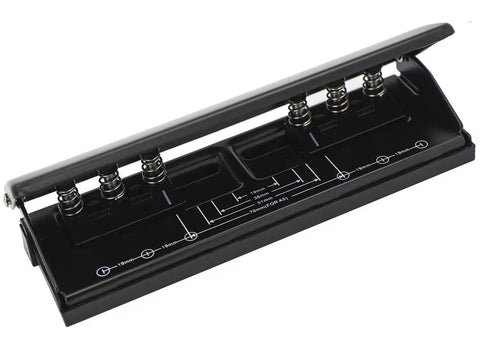 Rugged 6 Hole Paper Puncher With Adjustable Ring Spacing For A5, A6, A7 Formats, Four Position Settings, Black, side view.