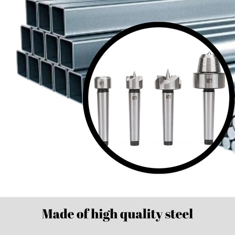 MT1 Wood Lathe Center Kit with four steel live centers and spur cup ends shown with metal tubes in background.