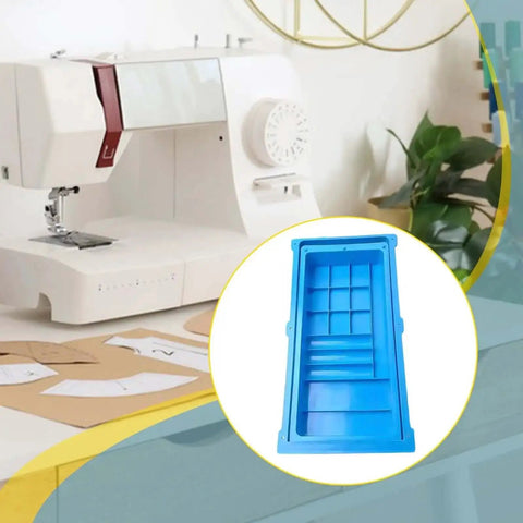 Double Storage Sewing Machine Table Drawer Organizer with Sliding Compartments for Case and Bobbin Gauge in blue PP material