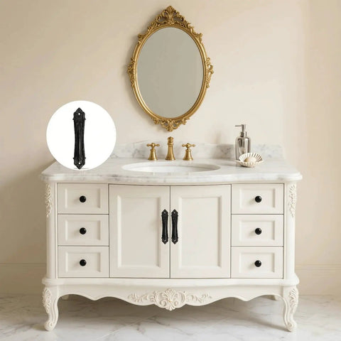 Vintage Black Sliding Barn Door Handle With Screws on white cabinet in bathroom, shown in zoomed close-up and cabinet installation.