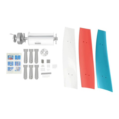 12V wind turbine kit components: three fiberglass blades (white, red, blue) with mounting hardware.