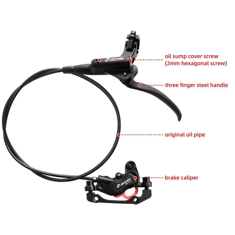 Front view of Z00M HB876 4-piston hydraulic disc brake set with lever and caliper, 1450mm hose, black