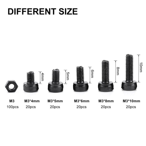 Different sizes of bolts and nuts from 280-Piece M3 Cap Head Hex Socket Bolts And Nuts Assortment Set For Tight Spaces displayed.