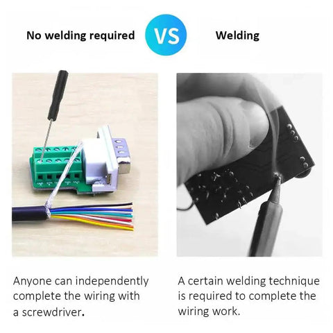 DB9 Breakout Connector Kit Two Pack One Male One Female Solderless Terminal Block vs Welding Comparison