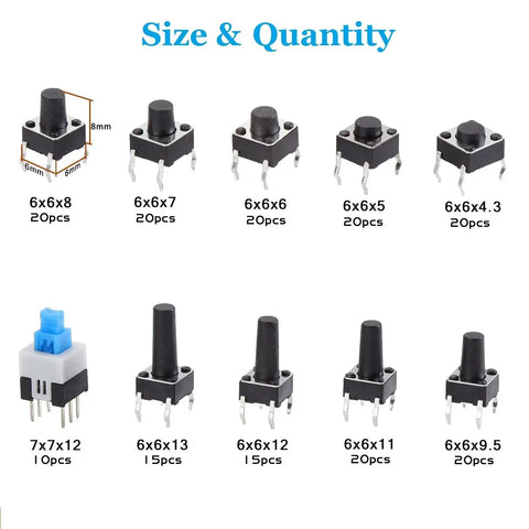 Display of 180-Piece Tactile Push Button Switch Kit With 10 Value Sizes 6x6mm To 7x7mm 4-Pin Micro Momentary Tact Switch Set