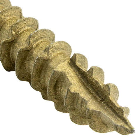 Close-up of heavy duty exterior construction lag screws one and a half inch Torx star drive with truss washer head