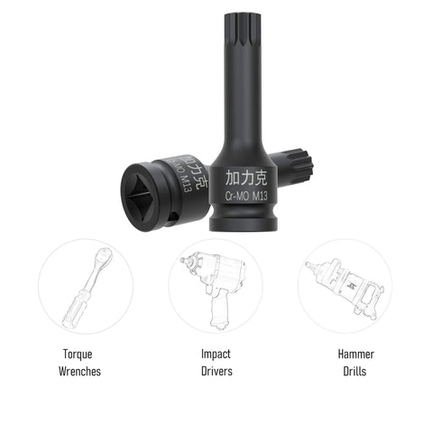 Half Inch Drive XZN Triple Square Spline Socket Bit for Impact Wrenches, M13 Metric, Black Oxide Finish, shown with tools