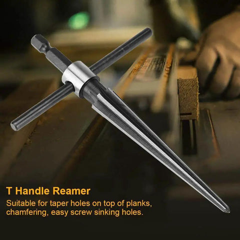 Handy T Handle Tapered Reamer Tool 3 To 13mm Six Fluted Chamfer Deburring Bit For Taper Holes Countersink Latches Guitar Repairs With 1 Quarter Inch Hex Shank And 45 Steel Durable Build, shown on wooden surface