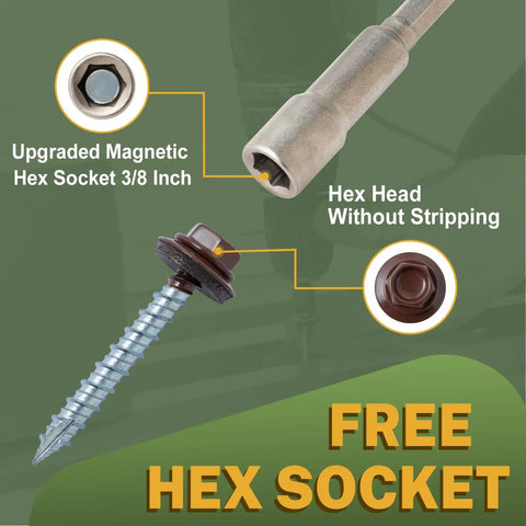 Heavy Duty Metal Roofing Screws For Roofing And Siding 14 By One And A Half Inch 300 Pack Brown Painted Anti Corrosion Coating Easy Install Hex Head With Rubber Washer Sharp Point Hex Socket Included 1022A Carbon Steel By LIONMAX, showing hex socket and screw details.