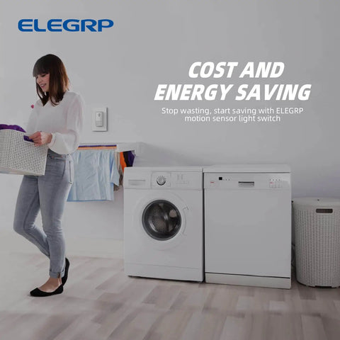 Woman with laundry near washing machines, Single Pole Motion Sensor Light Switch With 120 Degree PIR Coverage, Matte White on wall.