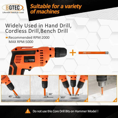 Dry Diamond Drill Bit Set All In One Pro Grade Ten Piece Kit Five Sixteenth Inch Eight Millimeter Hole Saw For Granite Marble Masonry Concrete Tile Ceramic Glass And Hard Plastic Vacuum Brazed Core Drill Bits Built For Fast Clean Cuts shown in use with various drills and angles.