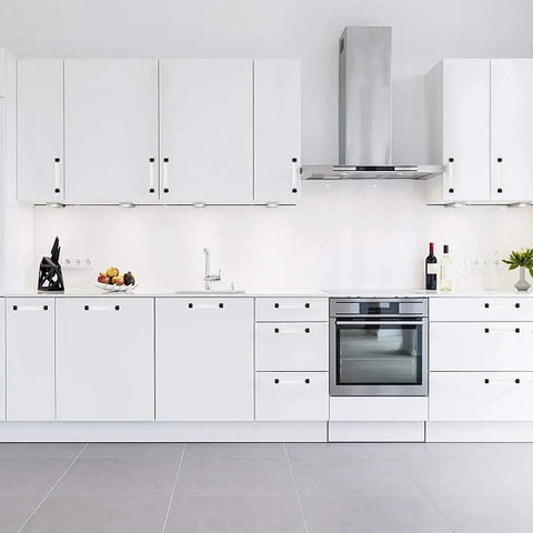 Modern kitchen with white cabinets fitted with Five Pack Acrylic Cabinet Pulls With Five Inch Hole Centers 128mm Modern Black Matte Lucite T Bar Drawer Handles.