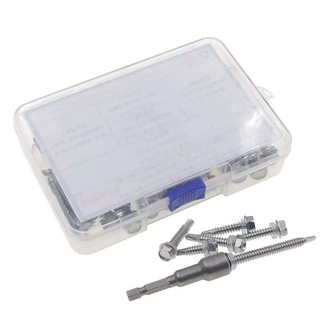 Self Drilling TEK Screws Kit For Metals In 410 Stainless Steel With Hex Head M6.3 Threads 14 Tpi Five Lengths in plastic box