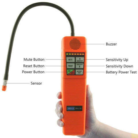 Hand holding Pro Grade HVAC Leak Detector And Halogen Gas Sniffer For Refrigerants R22 R410A R134A R11 R404A CPU 1G Elitech with buttons.