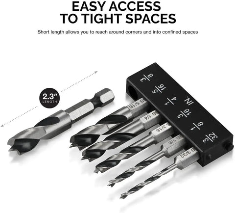 Six Piece Brad Point Drill Bit Set For Wood With Stubby Bits And 135 Degree Tip One Quarter Inch Quick Change Hex Shank HSS 4241 High Speed Steel Drill Bit Holder Included displayed.