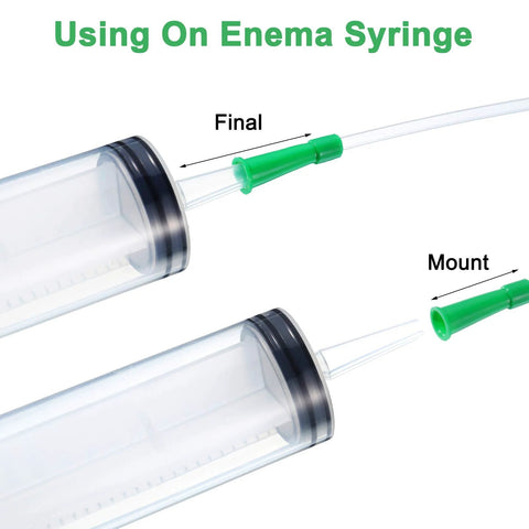 Two clear PVC enema syringe replacement tubes with green connectors and flexible rounded ends, 12 FR