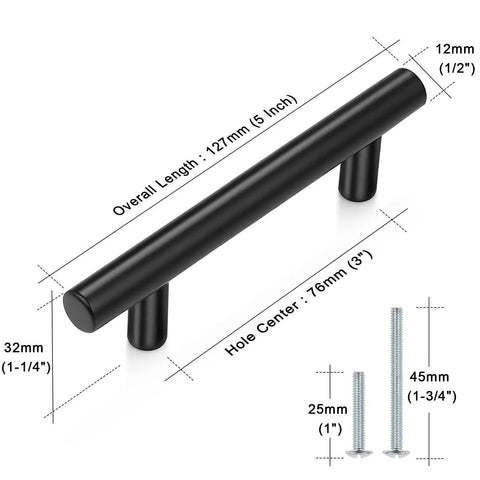 Flat Black 3 Inch Center To Center Bar Cabinet Pulls 5 Pack showing dimensions, 5 inch total length, 12mm diameter, 76mm center